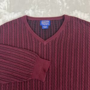 Pendleton‎ Sweater Mens Large Maroon Cable Knit V Neck Cotton Old Money Preppy